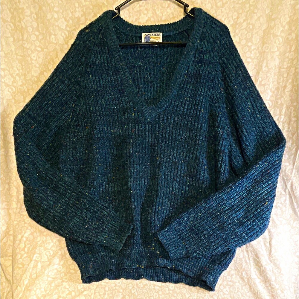 Vintage Sweaters Men’s XL Speckled Blue V-Neck Knit Pullover Sweater Long Sleeve